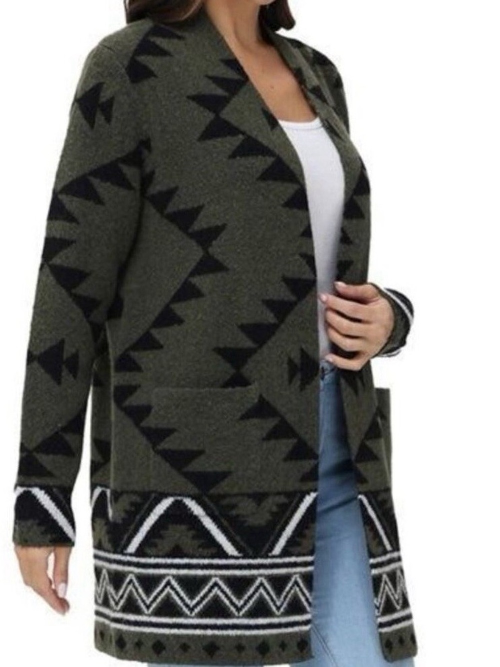 Frye Olive Green and Black Geometric Open-Front Cardigan Western Aztec Size L /E